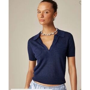 J.Crew Short Sleeve Polo Shirt in Linen In Navy Size Large Preppy Coastal